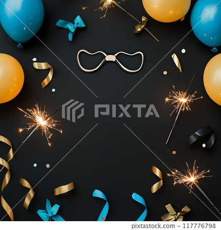 flat lay with ribbon balloons, celebration design flat lay with ribbon balloons, celebration design 117776798