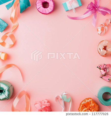 Flatlay gift wrapping, ribbons, celebrations 117777026