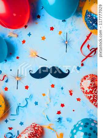 flat lay with ribbon balloons, celebration flat lay with ribbon balloons, celebration 117777029