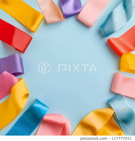 Flatlay fabrics, ribbons, gift wrapping 117777031