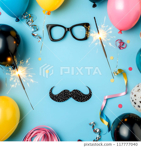 flat lay with ribbon balloons, celebration 117777040