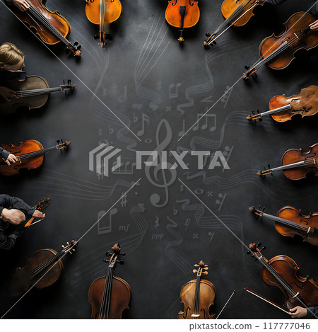 Flatlay, musical instruments in orchestra, top view 117777046
