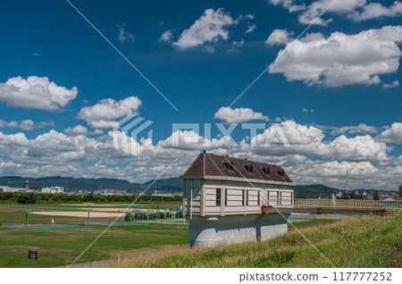 Neyagawa City Yodogawa River Park summer scenery Neyagawa City Yodogawa River Park summer scenery 117777252