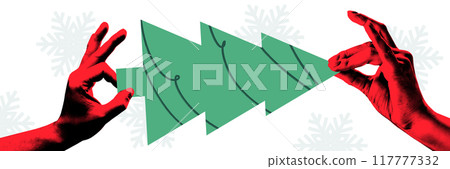Banner. Contemporary art collage. Hands assemble green Christmas tree, symbolizing careful preparation for festive season. Banner. Contemporary art collage. Hands assemble green Christmas tree, symbolizing careful preparation for festive season. 117777332