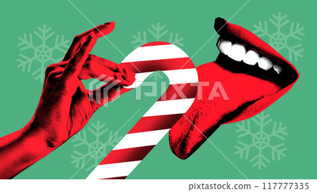 Contemporary art collage. Red hand holds sweet candy cane as tongue extends to taste against green background with snowflakes. Greeting card. Contemporary art collage. Red hand holds sweet candy cane as tongue extends to taste against green background with snowflakes. Greeting card. 117777335