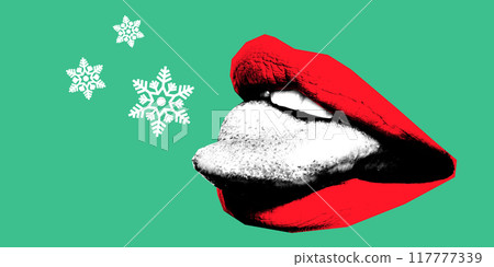 Poster. Contemporary art collage. Red lips with white frosty tongue catch snowflakes against green backdrop. Greeting card. 117777339
