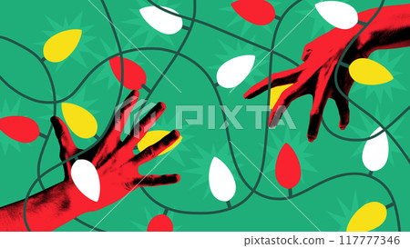 Poster. Contemporary art collage. Two hands entangled in string of festive lights, red and yellow bulbs glowing against green backdrop. Greeting card. 117777346