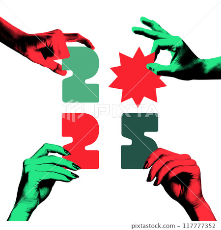 Poster. Contemporary art collage. Red and green hands assemble year 2025 using puzzle pieces in festive red and green. Greeting card. 117777352