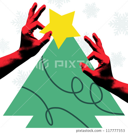 Poster. Contemporary art collage. Red hands delicately placing yellow star atop minimalist green Christmas tree. Greeting card. 117777353