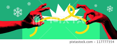 Banner. Contemporary art collage. Two hands unraveling golden ribbon with holiday motifs against green backdrop. Greeting card. 117777354