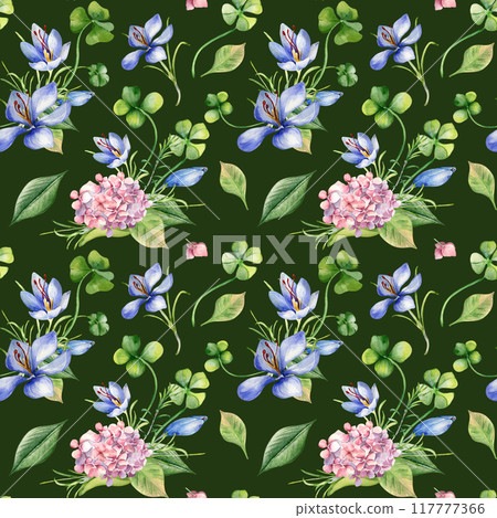 Spring wild flowers watercolor seamless pattern isolated. Clover, pink hydrangea and crocus illustration hand drawn by repeated background. Botanical art print for design package, home decor, textile. Spring wild flowers watercolor seamless pattern isolated. Clover, pink hydrangea and crocus illustration hand drawn by repeated background. Botanical art print for design package, home decor, textile. 117777366