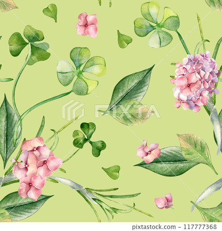 Pink hydrangea, clover and leaves watercolor on repeat background isolated. Floral seamless pattern with spring flowers and herbs painted. Botanical art design for home textile, Happy Easter Pink hydrangea, clover and leaves watercolor on repeat background isolated. Floral seamless pattern with spring flowers and herbs painted. Botanical art design for home textile, Happy Easter 117777368
