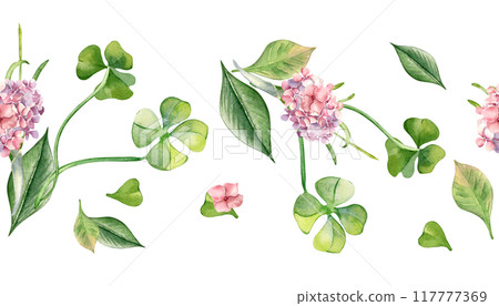 Seamless border with clover leaves and pink flowers watercolor illustration isolated. Painted lucky four leaves. Hand drawn shamrock, hydrangea. Design element for Happy Easter, textile, web banner. Seamless border with clover leaves and pink flowers watercolor illustration isolated. Painted lucky four leaves. Hand drawn shamrock, hydrangea. Design element for Happy Easter, textile, web banner. 117777369