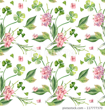 Pink hydrangea, clover and leaves watercolor on repeat background isolated. Floral seamless pattern with spring flowers and herbs painted. Botanical art design for home textile, Happy Easter. Pink hydrangea, clover and leaves watercolor on repeat background isolated. Floral seamless pattern with spring flowers and herbs painted. Botanical art design for home textile, Happy Easter. 117777370