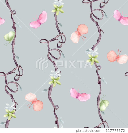 Seamless twigs with watercolor pink butterflies and gentle flowers on pattern on blue. Repeating tree liana with insects for design textile. Vertical curly lines hand drawn botany wallpaper, package. Seamless twigs with watercolor pink butterflies and gentle flowers on pattern on blue. Repeating tree liana with insects for design textile. Vertical curly lines hand drawn botany wallpaper, package. 117777372