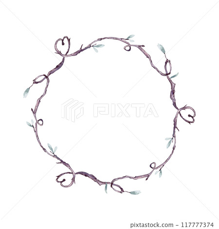 Romantic circle frame of shaped heart by twig in watercolor painted isolated. Delicate branch with simple green leaves on wreath hand drawn. Elements for natural designs, Valentine, rustic wedding. Romantic circle frame of shaped heart by twig in watercolor painted isolated. Delicate branch with simple green leaves on wreath hand drawn. Elements for natural designs, Valentine, rustic wedding. 117777374