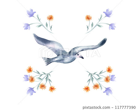 Bird blue grey color flying and floral arrangement hand drawn watercolor isolated. Dove of peace with blue orange flowers botanical sketch painted. Avian illustration for greeting card, pattern. Bird blue grey color flying and floral arrangement hand drawn watercolor isolated. Dove of peace with blue orange flowers botanical sketch painted. Avian illustration for greeting card, pattern. 117777390