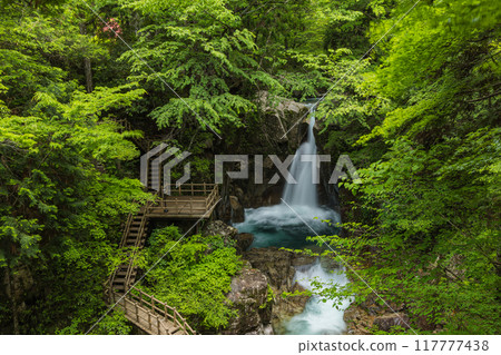 Ryujin Falls and a walking trail in Yumori Park, Nakatsugawa City, Gifu Prefecture, Japan 117777438