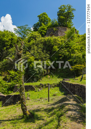 Japan: The observation deck of the castle tower of Naegi Castle, built on a rocky mountain in Nakatsugawa City, Gifu Prefecture 117777494