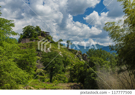 Japan: The observation deck of the castle tower of Naegi Castle, built on a rocky mountain in Nakatsugawa City, Gifu Prefecture Japan: The observation deck of the castle tower of Naegi Castle, built on a rocky mountain in Nakatsugawa City, Gifu Prefecture 117777500