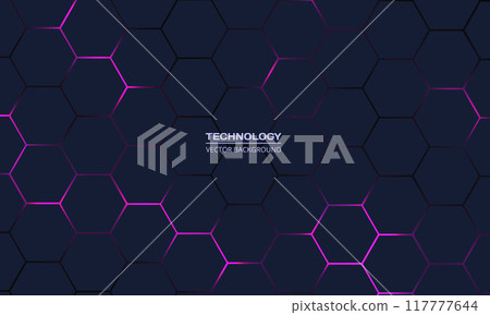 Dark hexagon abstract technology background with pink and purple colored bright flashes Dark hexagon abstract technology background with pink and purple colored bright flashes 117777644