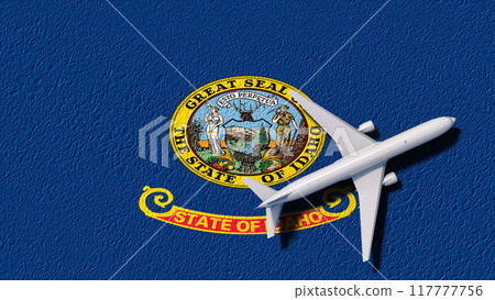 Idaho State Flag And Airplane Fly. Flight And Travel 3D Illustration 117777756