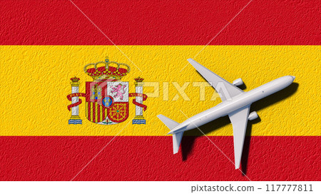 Spain National Flag And Airplane Fly. Aircraft Flies To Country. Flight And Travel 3D Illustration 117777811