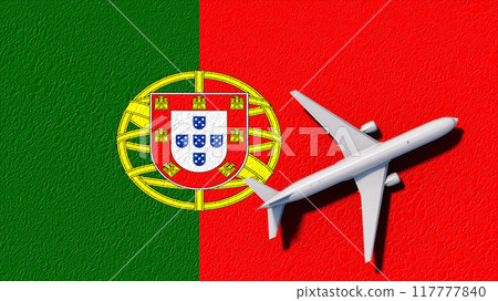 Portugal National Flag And Airplane Fly. Aircraft Flies To Country. Flight And Travel 3D Illustration 117777840