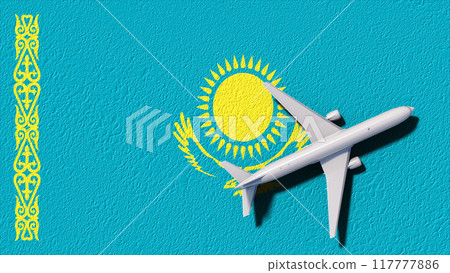 Kazakhstan National Flag And Airplane Fly. Aircraft Flies To Country. Flight And Travel 3D Illustration 117777886