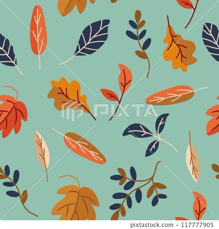 Vector seamless pattern with autumn leaves on turquoise background. Vector seamless pattern with autumn leaves on turquoise background. 117777905