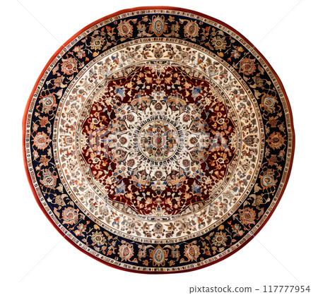Exquisite round carpet with rich red core and intricate floral, geometric pattern, top view. Rug isolated on white background. Cut out home decor. Vintage, boho style. High angle view. Generative AI. 117777954
