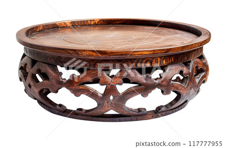 Bohemian style round wooden coffee table, isolated on a white background. Cut out living room furniture. Front view. Boho interior design. Retro, vintage. Generative AI. 117777955