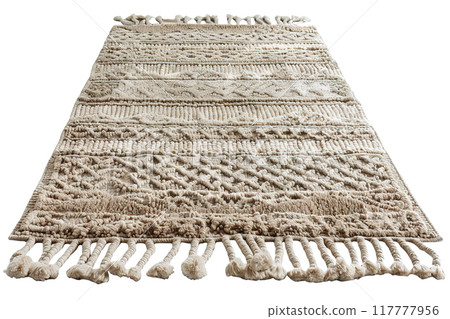 Modern, beige, handwoven rectangular carpet, front view. Rug isolated on white background. Cut out home decor. Scandinavian, boho style. Intricate patterns and textures. Generative AI. 117777956