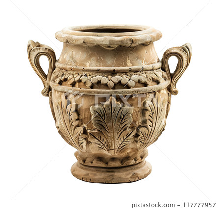 Bohemian style round vase, isolated on white background. Cut out home accessory. Front view. Boho interior design. Retro, vintage. Generative AI. 117777957