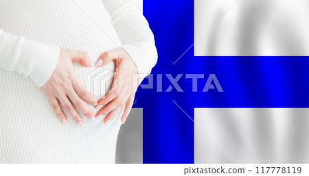 Demographics, pregnancy and love baby in Finland concept. Pregnant woman making heart  117778119