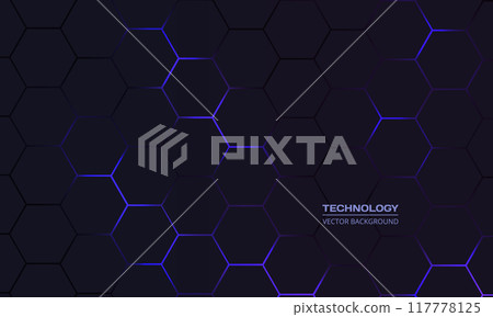 Dark hexagon abstract technology background with blue colored bright flashes Dark hexagon abstract technology background with blue colored bright flashes 117778125
