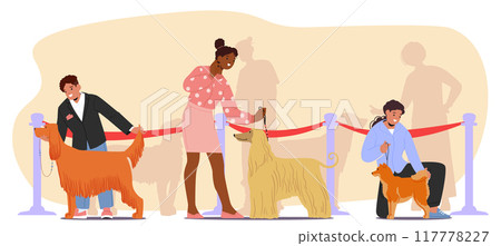 Characters Presenting Their Dogs At A Professional Dog Show Event. Participants Showcasing Their Pets In Front Of Judges Characters Presenting Their Dogs At A Professional Dog Show Event. Participants Showcasing Their Pets In Front Of Judges 117778227