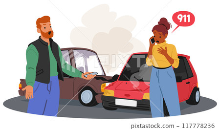 Scared Woman Calling 911 After A Car Accident. Male And Female Driver Characters Stand In Front Of Two Damaged Cars 117778236