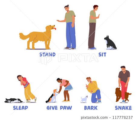 Various Dog Training Commands Such As Stand, Sit, Sleep, Give Paw, Bark And Snake, Along With Their Handlers 117778237