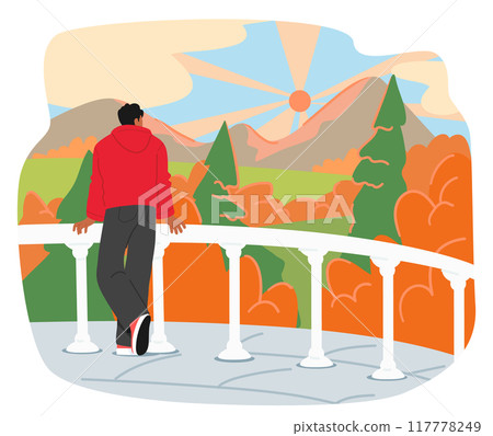 Character Standing On Balcony Gazing At Sunrise Over Mountains And Lush Forest. Vector Image Featuring Vibrant Colors 117778249