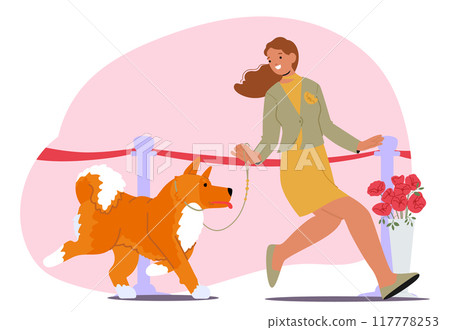 Joyful Woman Walks Her Fluffy Dog At A Dog Show Event. Cartoon Vector Scene With Red Ribbons And Flowers 117778253