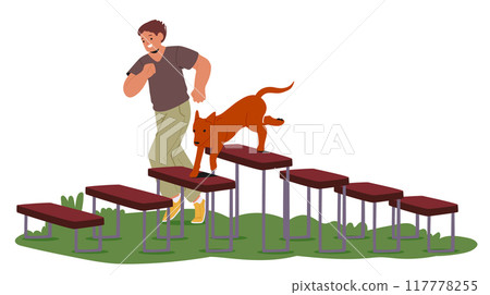 Man Training His Dog On An Outdoor Obstacle Course. The Scene Depicts Exercise, Teamwork, Cartoon Vector Illustration 117778255