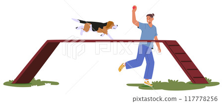 Male Character Is Training A Dog Outdoors Using Agility Equipment. Dog Is Actively Running On A Raised Platform 117778256