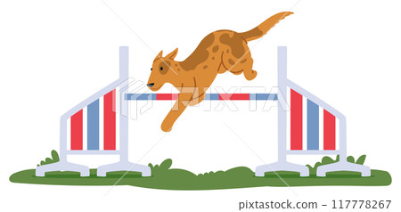 Dog Jumping Over An Agility Hurdle In An Outdoor Setting. Cartoon Vector Concept Of Pet Training, Obedience, Athleticism 117778267