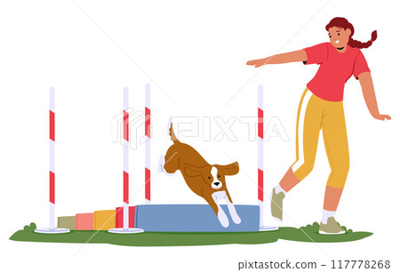 Woman Training A Dog To Jump Over Obstacles In An Outdoor Setting. The Dog Enthusiastically Leaps Over A Hurdle Woman Training A Dog To Jump Over Obstacles In An Outdoor Setting. The Dog Enthusiastically Leaps Over A Hurdle 117778268