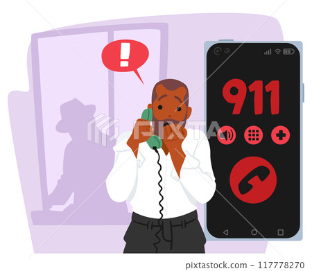 Frightened Male Character Calling 911 For Emergency Help. He Appears Distressed With A Shadowy Figure In The Background Frightened Male Character Calling 911 For Emergency Help. He Appears Distressed With A Shadowy Figure In The Background 117778270