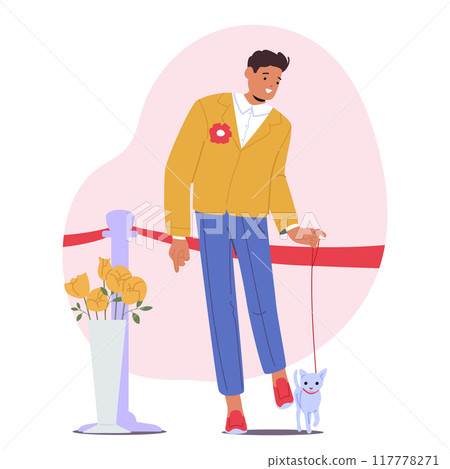 Man Walking His Small Dog At A Dog Show Event. Cheerful Male Character Is Dressed Formally, Vector Illustration 117778271