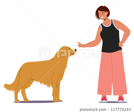 Woman Training A Dog Using Hand Commands. Female Character Appears Focused And The Dog Attentive Woman Training A Dog Using Hand Commands. Female Character Appears Focused And The Dog Attentive 117778283