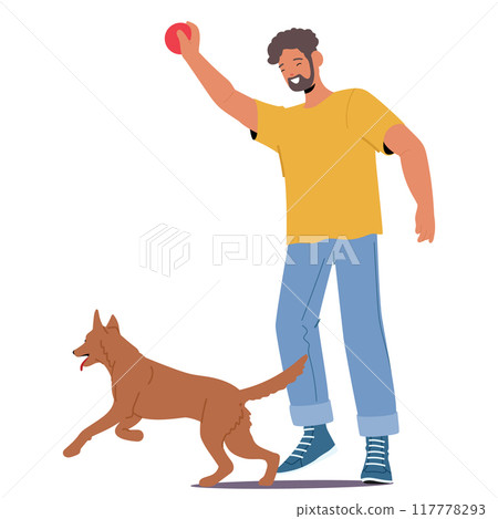 Man Training His Dog With A Ball During A Play Session. Character Appears Happy, While The Dog Looks Excited And Engaged Man Training His Dog With A Ball During A Play Session. Character Appears Happy, While The Dog Looks Excited And Engaged 117778293