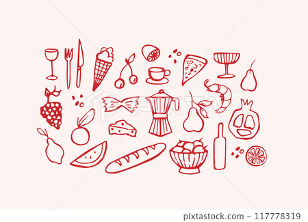 Mediterranean food hand drawn vector illustrations. La dolce vita sketch style 117778319